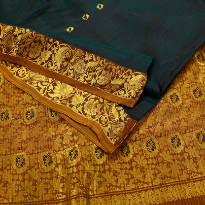 Indian Vintage Heavy Sari Green & Saffron Kanjivaram Saree 100% Pure Silk Zari 5Yd Crafting Dress making For Crafting Quilting Upcycle