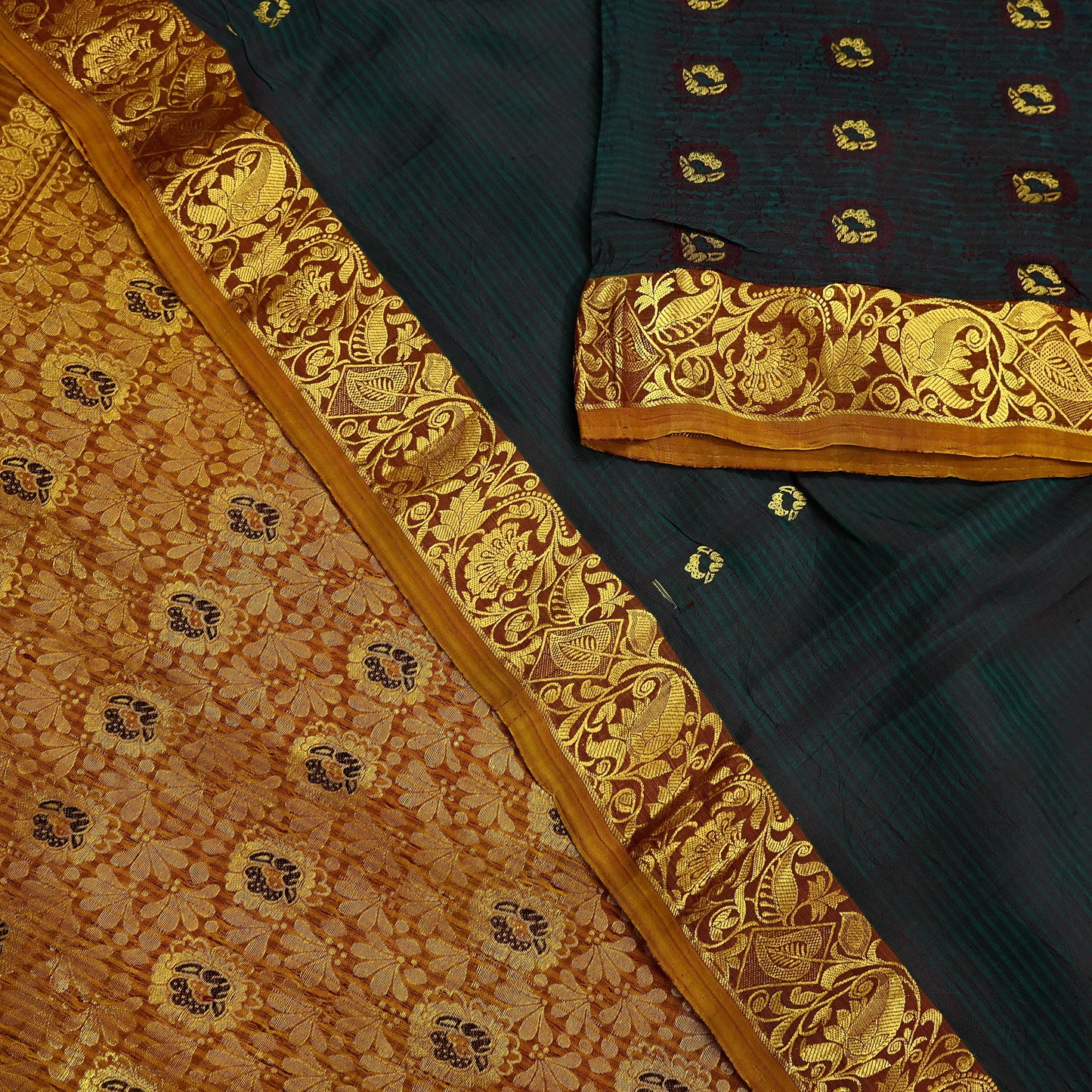 Indian Vintage Heavy Sari Green & Saffron Kanjivaram Saree 100% Pure Silk Zari 5Yd Crafting Dress making For Crafting Quilting Upcycle