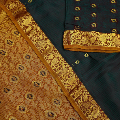 Indian Vintage Heavy Sari Green & Saffron Kanjivaram Saree 100% Pure Silk Zari 5Yd Crafting Dress making For Crafting Quilting Upcycle