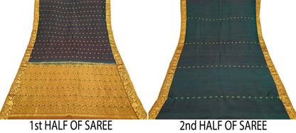 Indian Vintage Heavy Sari Green & Saffron Kanjivaram Saree 100% Pure Silk Zari 5Yd Crafting Dress making For Crafting Quilting Upcycle