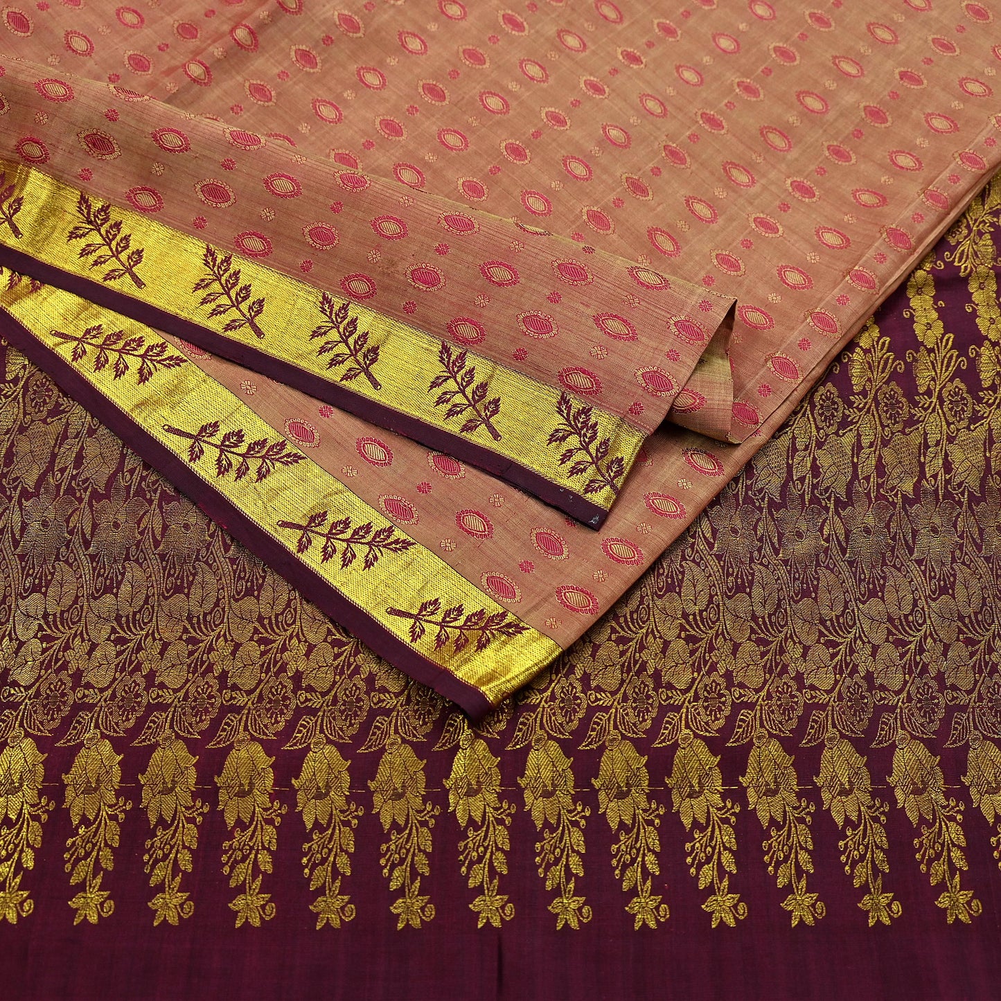 Indian Vintage Heavy Saree Maroon & Pink Hand Woven Kanjivaram 100% Pure Silk Sari Craft Fabric 5Yd Ethnic Zari Floral Dress Making Quilting