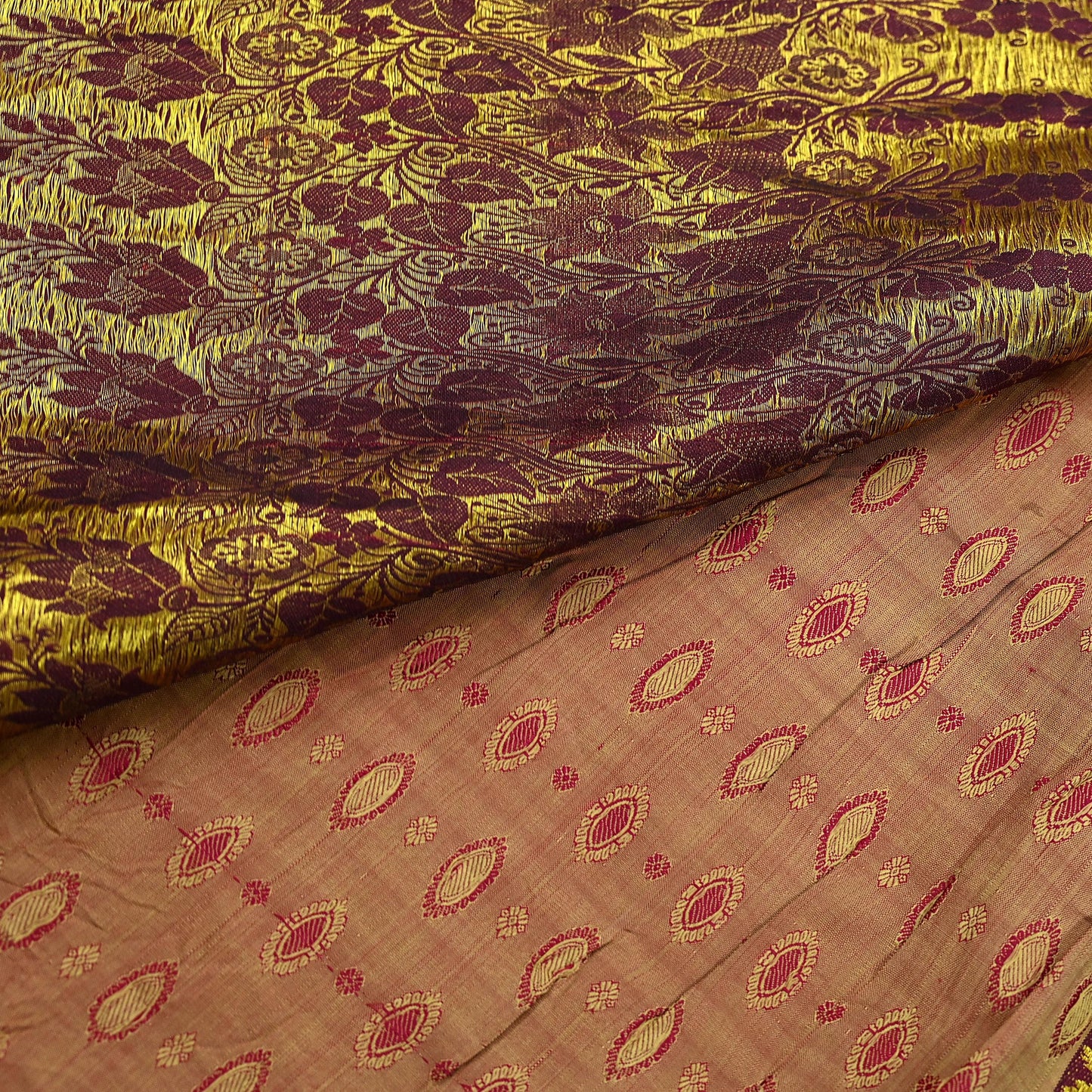 Indian Vintage Heavy Saree Maroon & Pink Hand Woven Kanjivaram 100% Pure Silk Sari Craft Fabric 5Yd Ethnic Zari Floral Dress Making Quilting