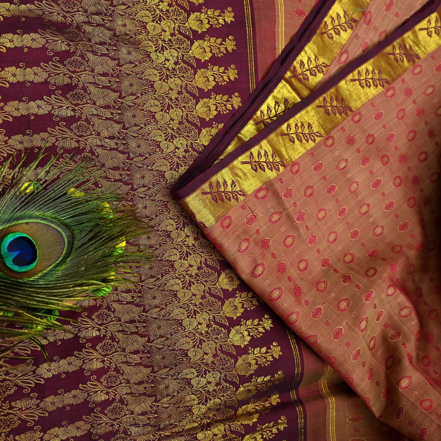Indian Vintage Heavy Saree Maroon & Pink Hand Woven Kanjivaram 100% Pure Silk Sari Craft Fabric 5Yd Ethnic Zari Floral Dress Making Quilting