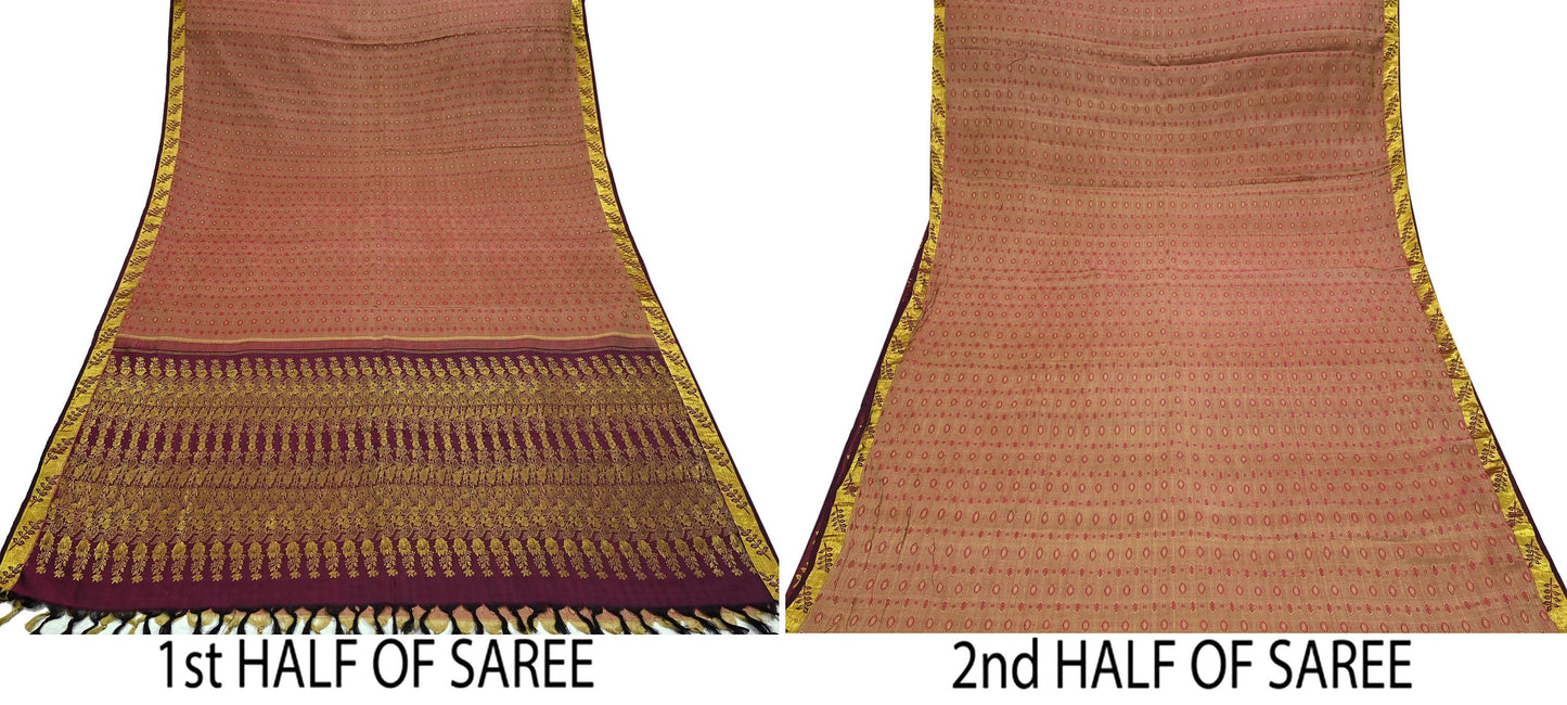 Indian Vintage Heavy Saree Maroon & Pink Hand Woven Kanjivaram 100% Pure Silk Sari Craft Fabric 5Yd Ethnic Zari Floral Dress Making Quilting