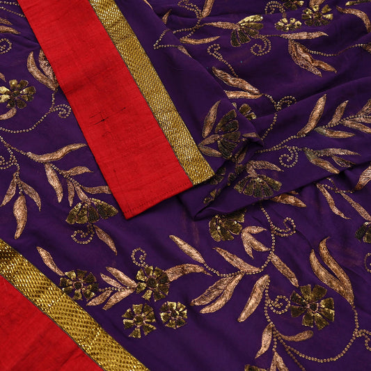 Indian Vintage Heavy Purple Dupatta Pure Georgette Silk Long Stole Hand Embroidered Gota Patti Scarf Zari