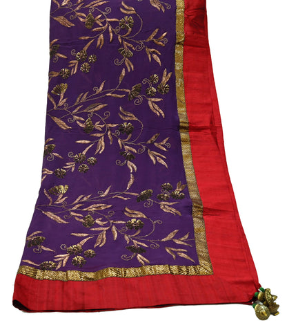 Indian Vintage Heavy Purple Dupatta Pure Georgette Silk Long Stole Hand Embroidered Gota Patti Scarf Zari