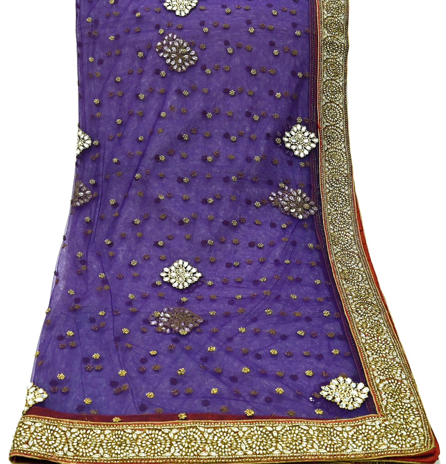 Indian Vintage Heavy Purple Dupatta Net Mesh Long Stole Hand Embroidered Scarf Purple Zardozi Zari Sequins Stole