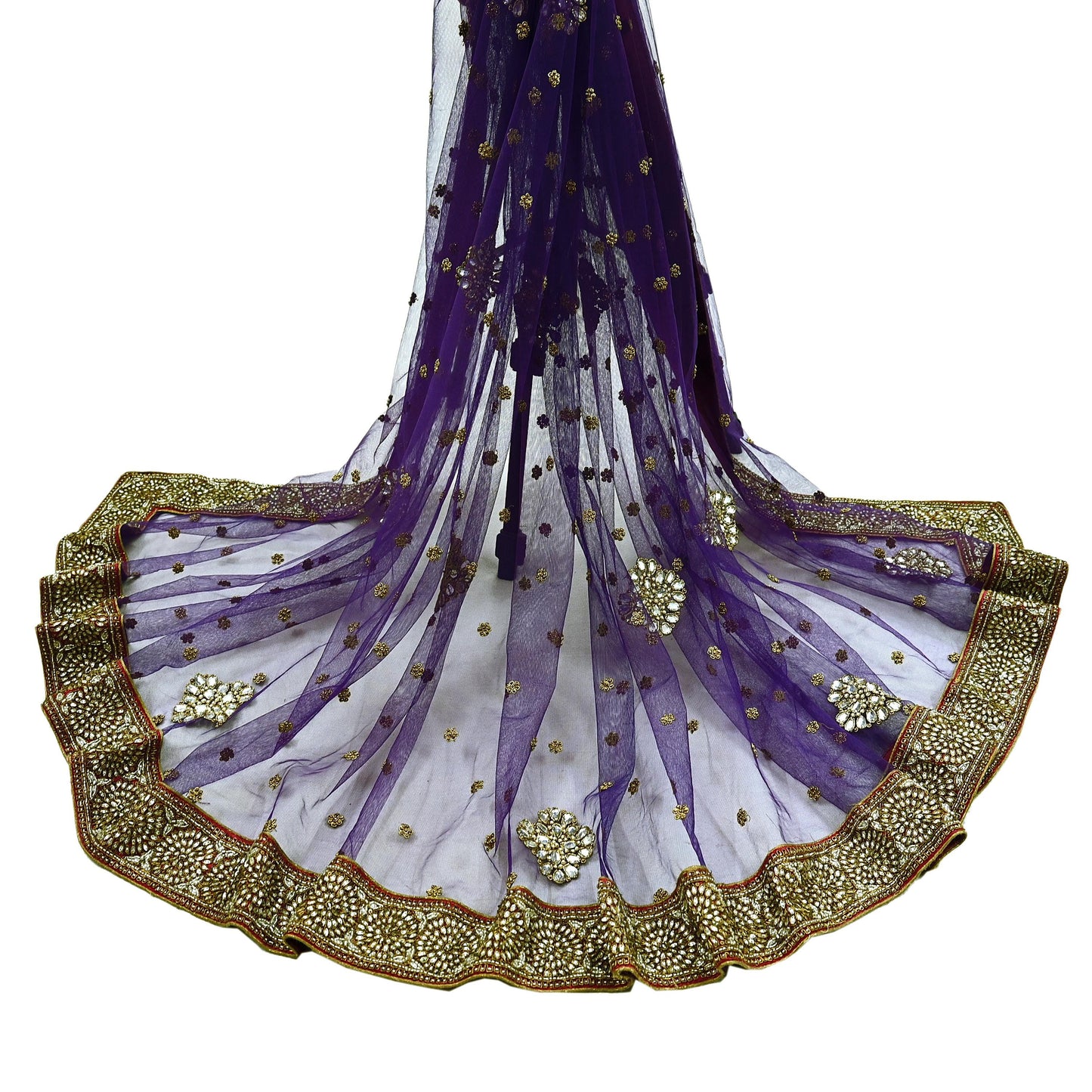 Indian Vintage Heavy Purple Dupatta Net Mesh Long Stole Hand Embroidered Scarf Purple Zardozi Zari Sequins Stole