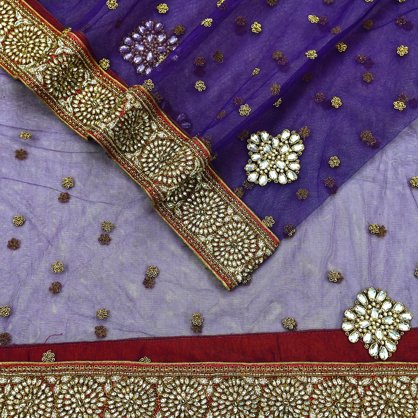 Indian Vintage Heavy Purple Dupatta Net Mesh Long Stole Hand Embroidered Scarf Purple Zardozi Zari Sequins Stole