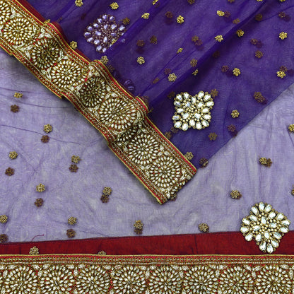 Indian Vintage Heavy Purple Dupatta Net Mesh Long Stole Hand Embroidered Scarf Purple Zardozi Zari Sequins Stole