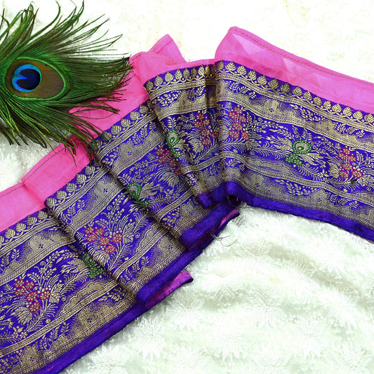 Indian Vintage Purple & Pink Sari Border Woven Banarasi 1yd Trim Craft Sewing Recycled Sari Border Silver Zari Pure Silk Home Decor Crafting