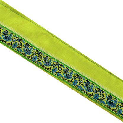 Indian Vintage Nion Green Sari Border Pure Silk Hand Woven Baluchari 1YD Craft Trim Lace Ribbon Recycled Sari Border dress Making Designing