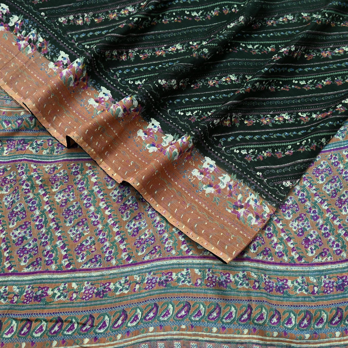 Indian Vintage Sari Green Printed Pure Cotton Saree Craft Soft Fabric 5Yard Sewing Sarong Wrap Boho Floral