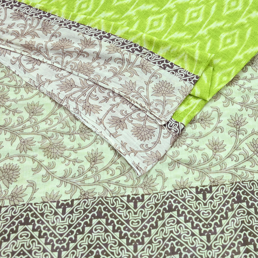 Indian Vintage Sari Green & Ivory Printed Pure Cotton Sarees 5Yd Craft Fabric Soft Sewing Sarong Wrap Boho Upcycle quilting Dress making