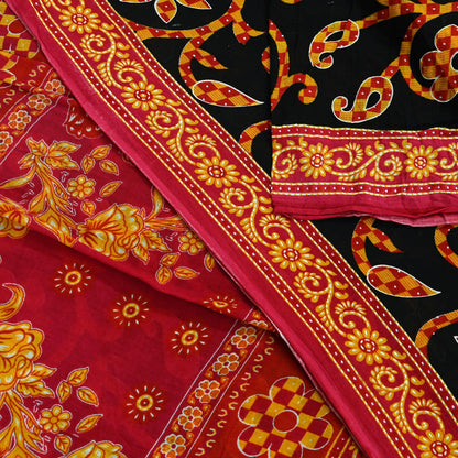 Indian Vintage Sari Red & Black Printed 100% Pure Cotton Sarees Craft Fabric 5Yard Sewing Sarong Wrap Boho Floral Dress making Quilting Soft