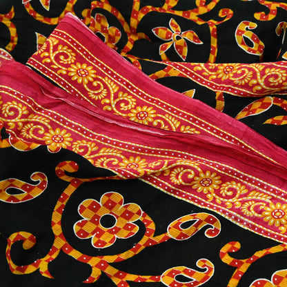 Indian Vintage Sari Red & Black Printed 100% Pure Cotton Sarees Craft Fabric 5Yard Sewing Sarong Wrap Boho Floral Dress making Quilting Soft
