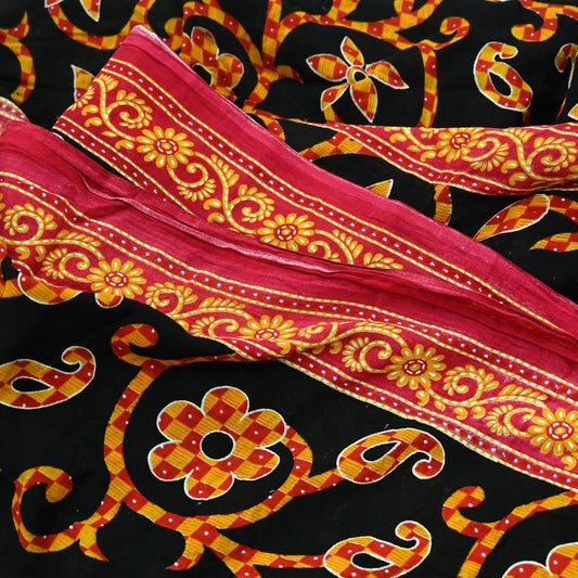 Indian Vintage Sari Red & Black Printed 100% Pure Cotton Sarees Craft Fabric 5Yard Sewing Sarong Wrap Boho Floral Dress making Quilting Soft