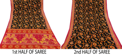 Indian Vintage Sari Red & Black Printed 100% Pure Cotton Sarees Craft Fabric 5Yard Sewing Sarong Wrap Boho Floral Dress making Quilting Soft