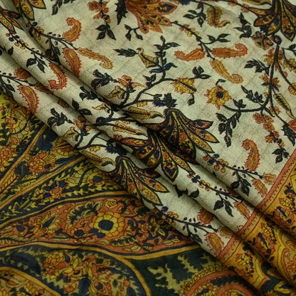 Indian Vintage Sari Green & Ivory Pure Chiffon Silk Printed Sarees 5Yd Craft Fabric Sewing Soft Light Sari Dress Making Upcycle Quilting