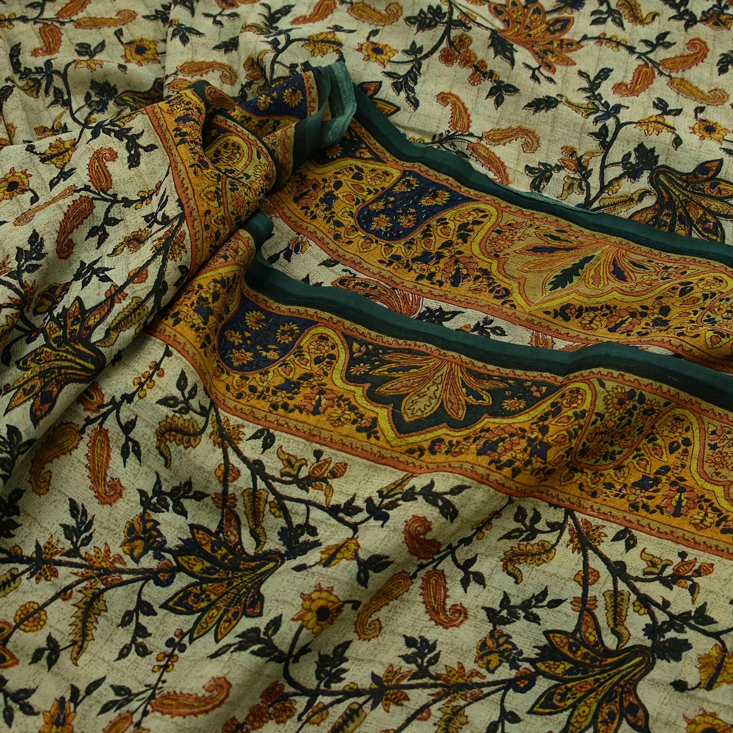 Indian Vintage Sari Green & Ivory Pure Chiffon Silk Printed Sarees 5Yd Craft Fabric Sewing Soft Light Sari Dress Making Upcycle Quilting