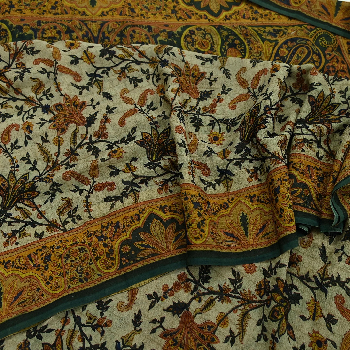 Indian Vintage Sari Green & Ivory Pure Chiffon Silk Printed Sarees 5Yd Craft Fabric Sewing Soft Light Sari Dress Making Upcycle Quilting