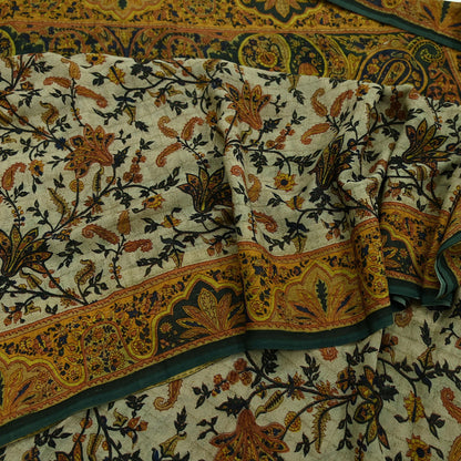 Indian Vintage Sari Green & Ivory Pure Chiffon Silk Printed Sarees 5Yd Craft Fabric Sewing Soft Light Sari Dress Making Upcycle Quilting
