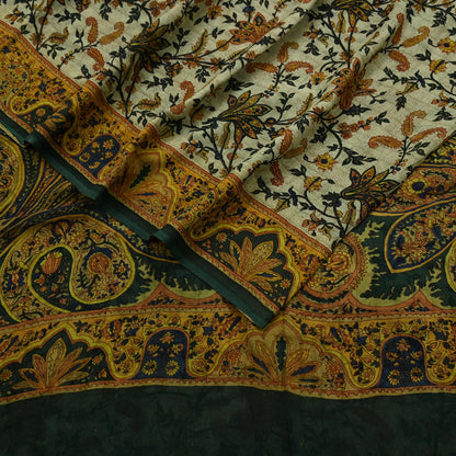 Indian Vintage Sari Green & Ivory Pure Chiffon Silk Printed Sarees 5Yd Craft Fabric Sewing Soft Light Sari Dress Making Upcycle Quilting