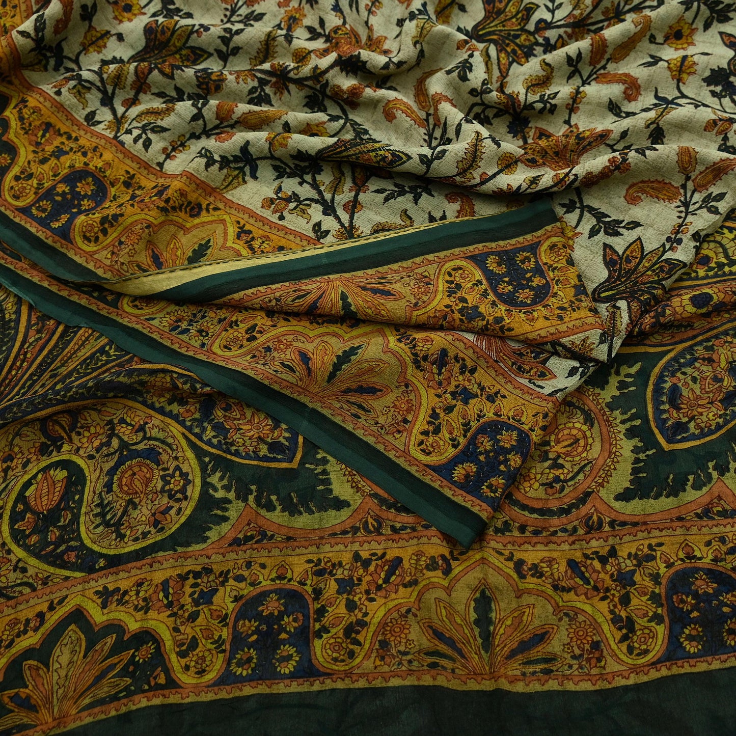 Indian Vintage Sari Green & Ivory Pure Chiffon Silk Printed Sarees 5Yd Craft Fabric Sewing Soft Light Sari Dress Making Upcycle Quilting