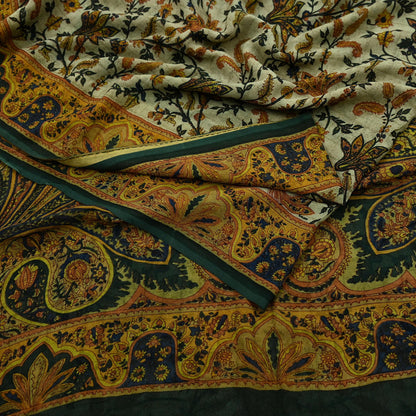 Indian Vintage Sari Green & Ivory Pure Chiffon Silk Printed Sarees 5Yd Craft Fabric Sewing Soft Light Sari Dress Making Upcycle Quilting