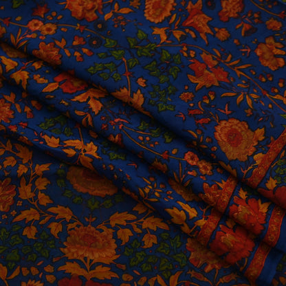 Women Indian Vintage Sari Blue Pure Georgette Silk Printed Sarees Craft Fabric Sewing 5Yd Soft Dress Making Quilting Crafting