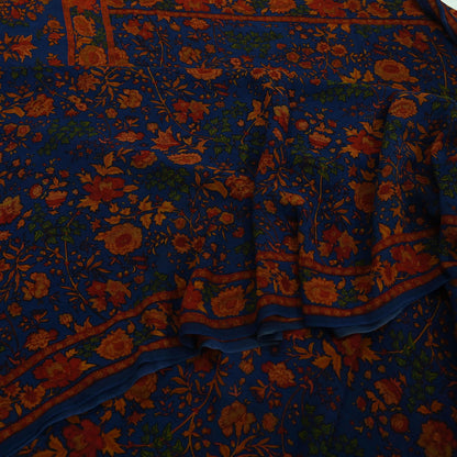 Women Indian Vintage Sari Blue Pure Georgette Silk Printed Sarees Craft Fabric Sewing 5Yd Soft Dress Making Quilting Crafting