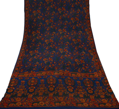 Women Indian Vintage Sari Blue Pure Georgette Silk Printed Sarees Craft Fabric Sewing 5Yd Soft Dress Making Quilting Crafting