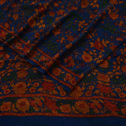 Women Indian Vintage Sari Blue Pure Georgette Silk Printed Sarees Craft Fabric Sewing 5Yd Soft Dress Making Quilting Crafting