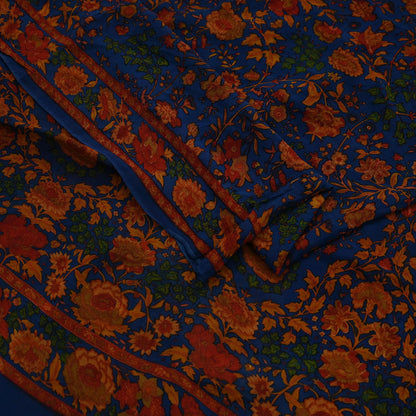 Women Indian Vintage Sari Blue Pure Georgette Silk Printed Sarees Craft Fabric Sewing 5Yd Soft Dress Making Quilting Crafting