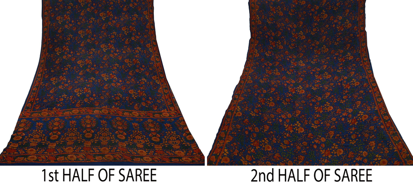 Women Indian Vintage Sari Blue Pure Georgette Silk Printed Sarees Craft Fabric Sewing 5Yd Soft Dress Making Quilting Crafting