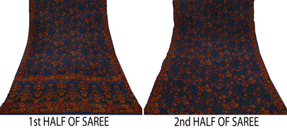 Women Indian Vintage Sari Blue Pure Georgette Silk Printed Sarees Craft Fabric Sewing 5Yd Soft Dress Making Quilting Crafting