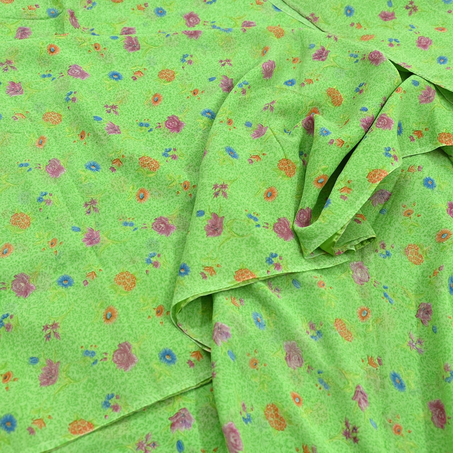 Indian Vintage Sari Green Pure Georgette Silk Printed Sarees Craft Fabric Sewing 6Yd Soft Sari Dress Making Crafting Quilting Upcycle