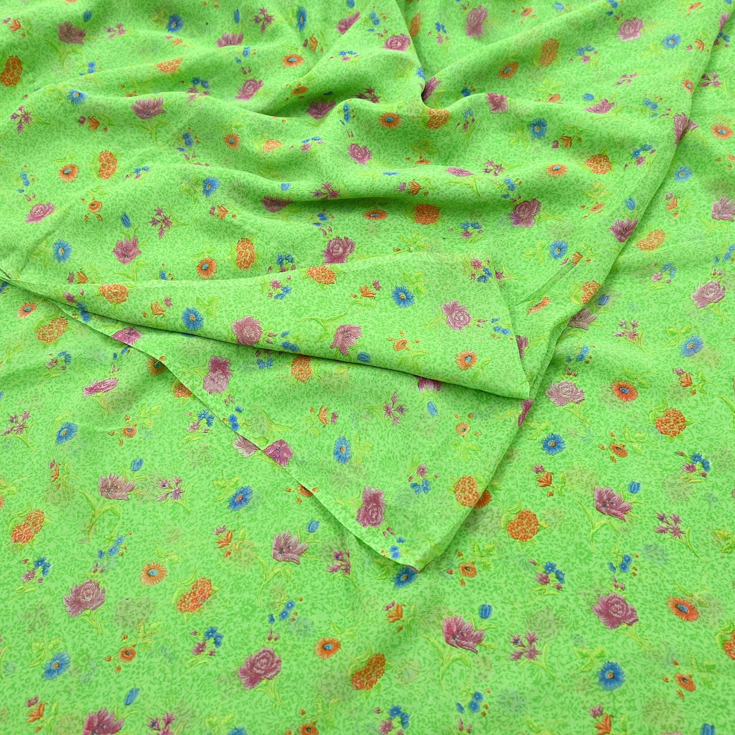 Indian Vintage Sari Green Pure Georgette Silk Printed Sarees Craft Fabric Sewing 6Yd Soft Sari Dress Making Crafting Quilting Upcycle