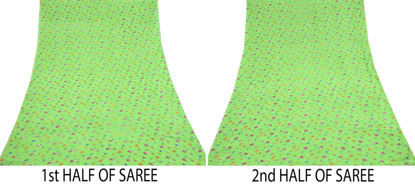 Indian Vintage Sari Green Pure Georgette Silk Printed Sarees Craft Fabric Sewing 6Yd Soft Sari Dress Making Crafting Quilting Upcycle