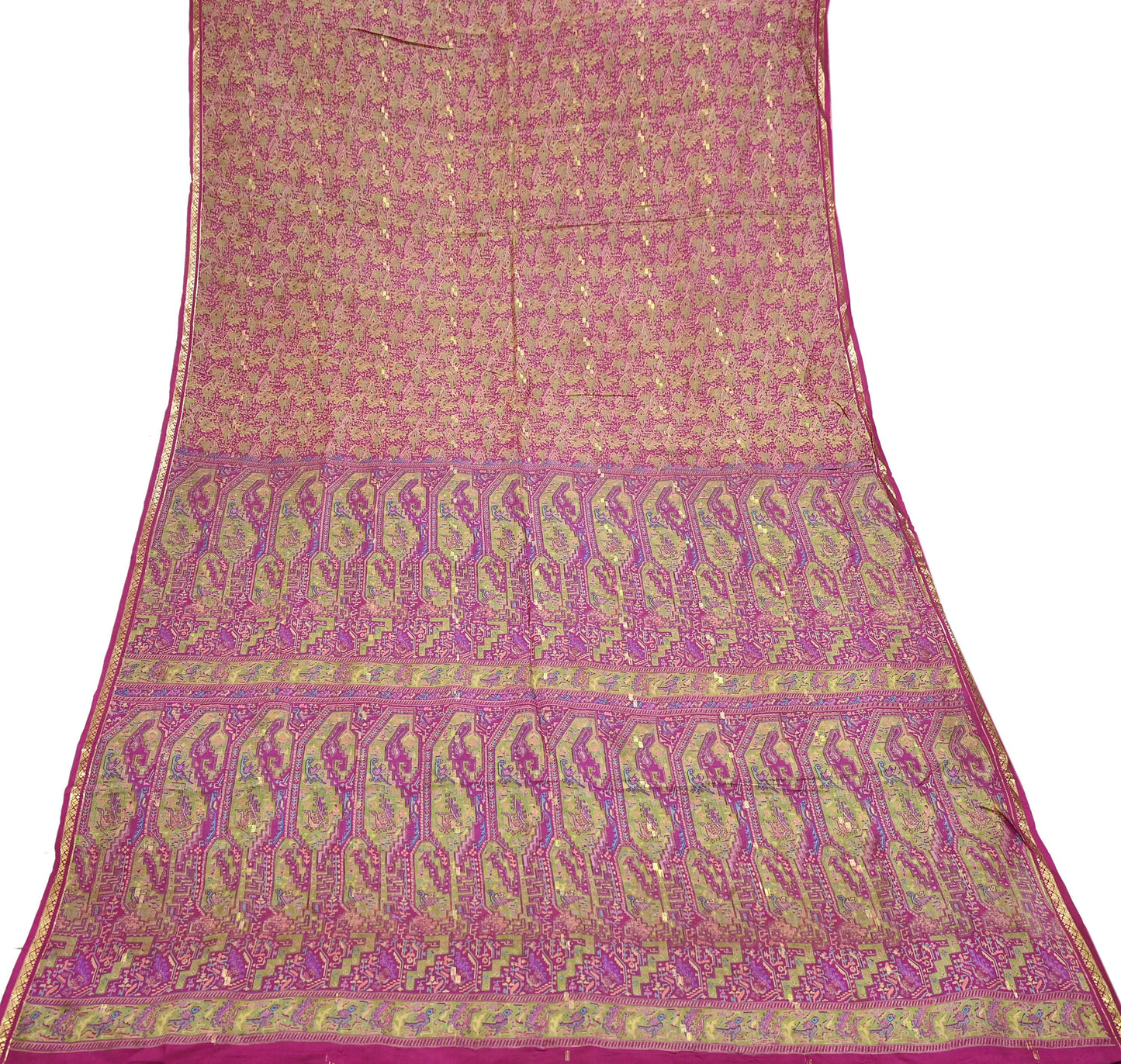 Indian Vintage Sari Rani Pink 100% Pure Silk Woven Printed Sarees Craft Fabric 5yd Sewing Dress Making Floral Upcycle Quilting Crafting Used