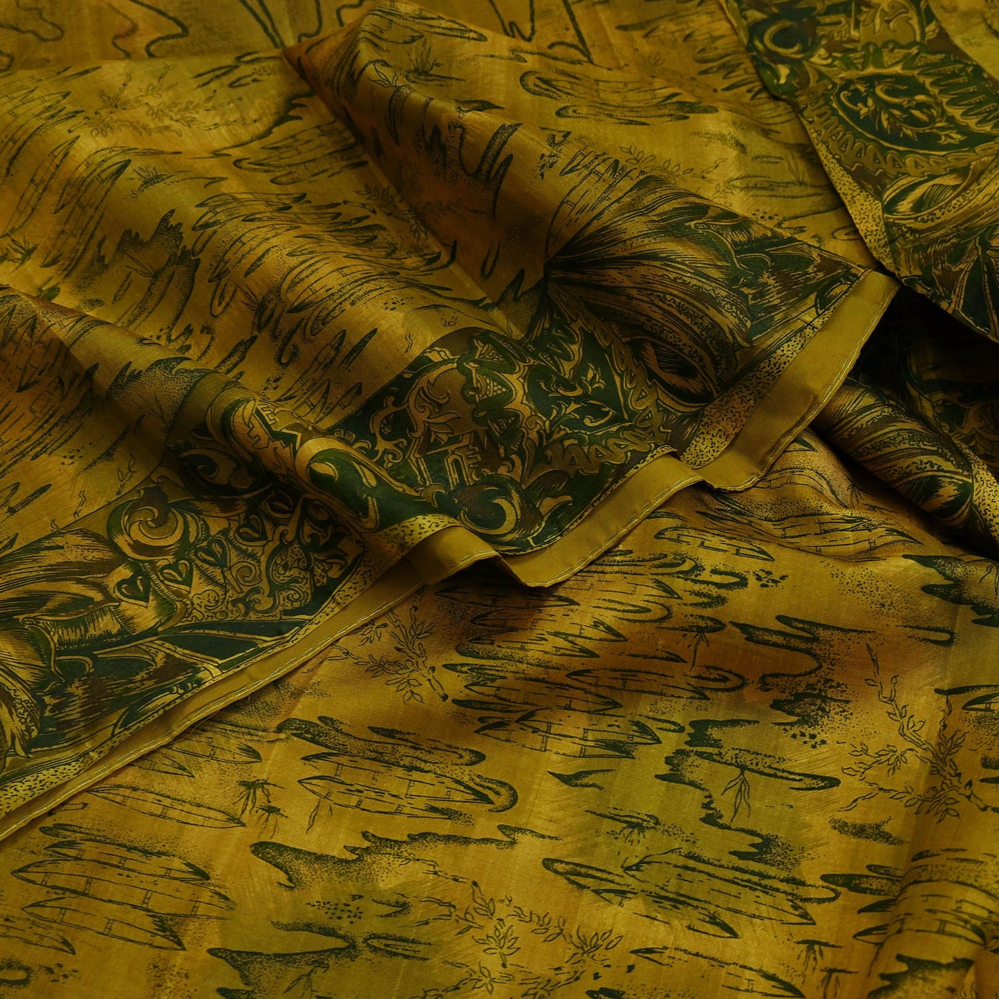 Indian Vintage Sari Green & Black Pure Silk Printed Sarees Craft Fabric 6yd Sewing Dress Making Soft Floral Crafting quilting