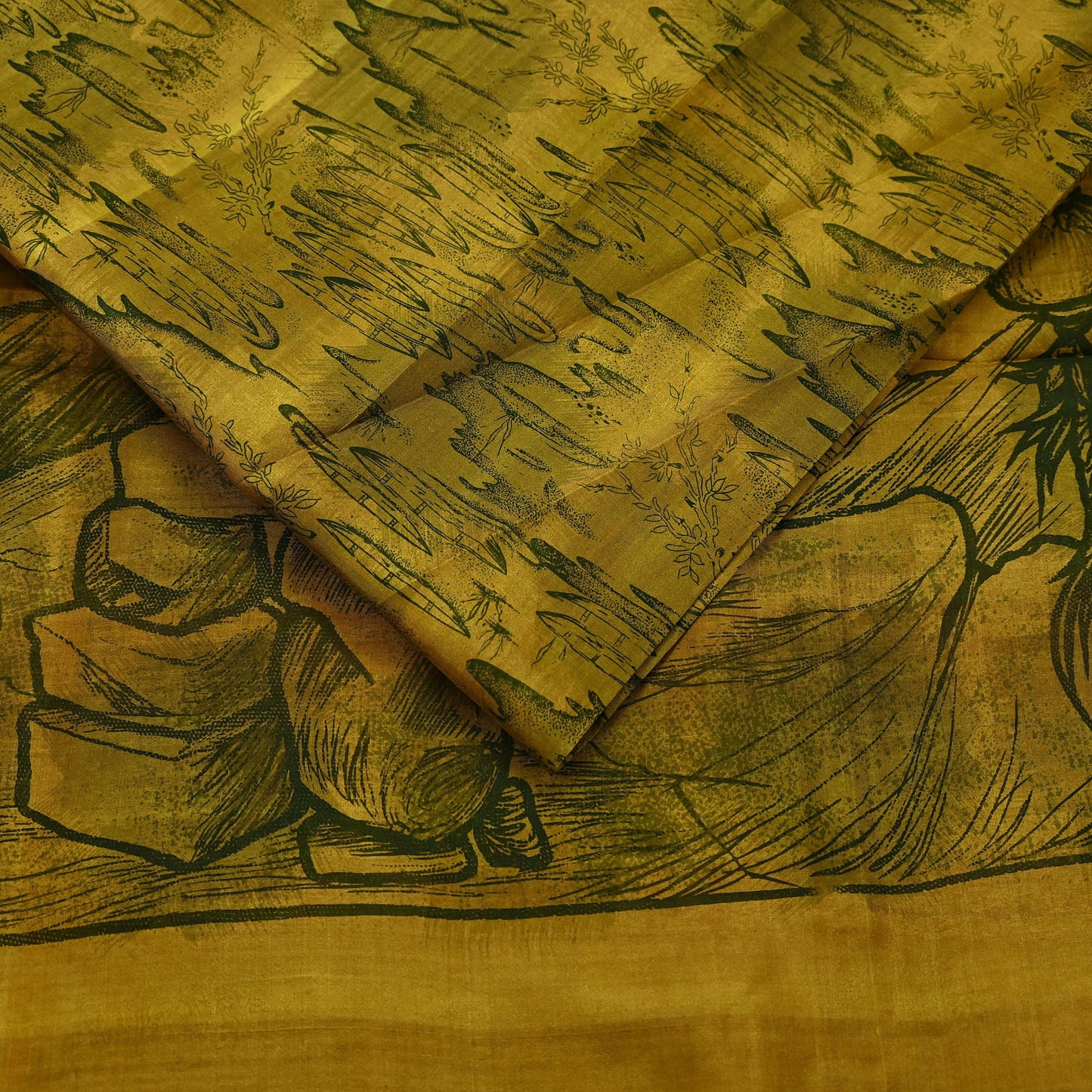 Indian Vintage Sari Green & Black Pure Silk Printed Sarees Craft Fabric 6yd Sewing Dress Making Soft Floral Crafting quilting