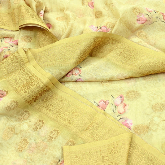 Indian Vintage Sari Beige Blend Silk Woven Digital Printed Saree Craft Fabric 6yd Sewing Soft Dress Designing Crafting Quilting Zari Border