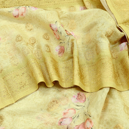 Indian Vintage Sari Beige Blend Silk Woven Digital Printed Saree Craft Fabric 6yd Sewing Soft Dress Designing Crafting Quilting Zari Border