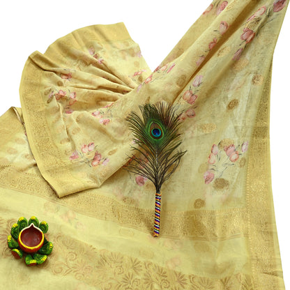 Indian Vintage Sari Beige Blend Silk Woven Digital Printed Saree Craft Fabric 6yd Sewing Soft Dress Designing Crafting Quilting Zari Border