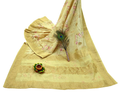 Indian Vintage Sari Beige Blend Silk Woven Digital Printed Saree Craft Fabric 6yd Sewing Soft Dress Designing Crafting Quilting Zari Border