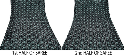 Indian Vintage Black Saree Net/Mesh Hand Embroidered Sari Craft Fabric Floral 7Yd Sewing Dress making Crafting Quilting Upcycle