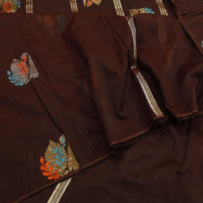 Indian Vintage Sari Brown Pure Silk Hand Woven Sarees Craft Fabric 5Yd Sewing Ethnic Floral Dress making For Crafting Quilting Upcycle