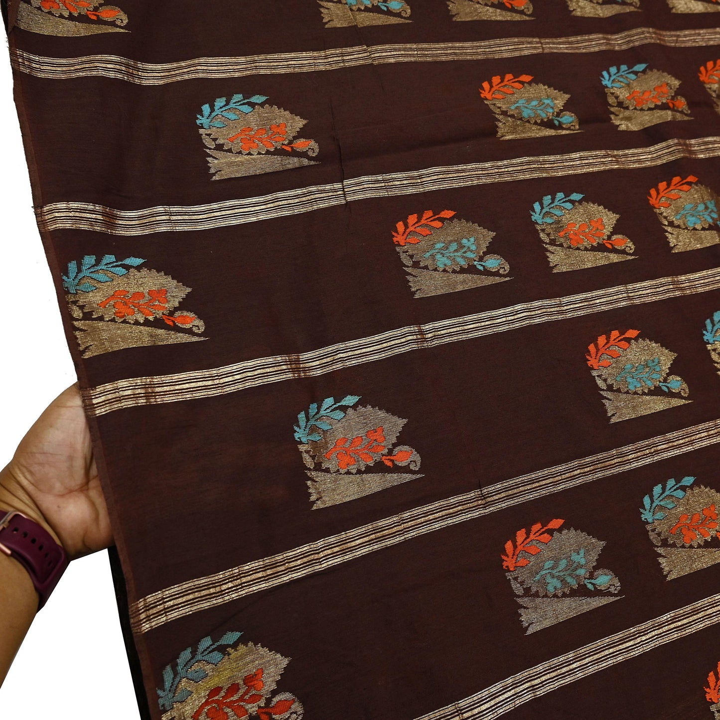 Indian Vintage Sari Brown Pure Silk Hand Woven Sarees Craft Fabric 5Yd Sewing Ethnic Floral Dress making For Crafting Quilting Upcycle
