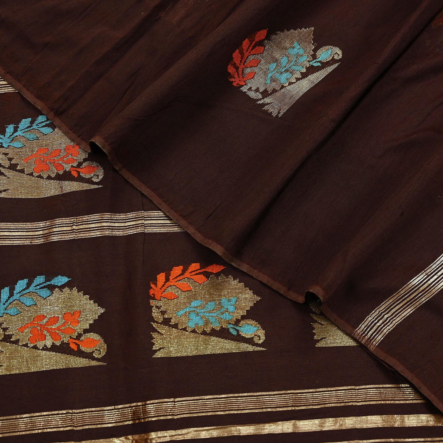 Indian Vintage Sari Brown Pure Silk Hand Woven Sarees Craft Fabric 5Yd Sewing Ethnic Floral Dress making For Crafting Quilting Upcycle